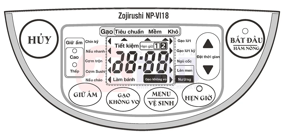 Bảng điều khiển nồi cơm Zojirushi NP-VI18 với các nút chức năng tiếng Nhật