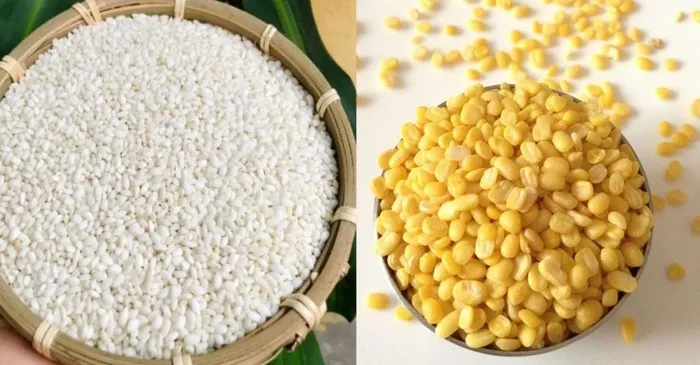 Nguyên liệu gạo nếp, đậu xanh và nước cốt dừa để nấu xôi