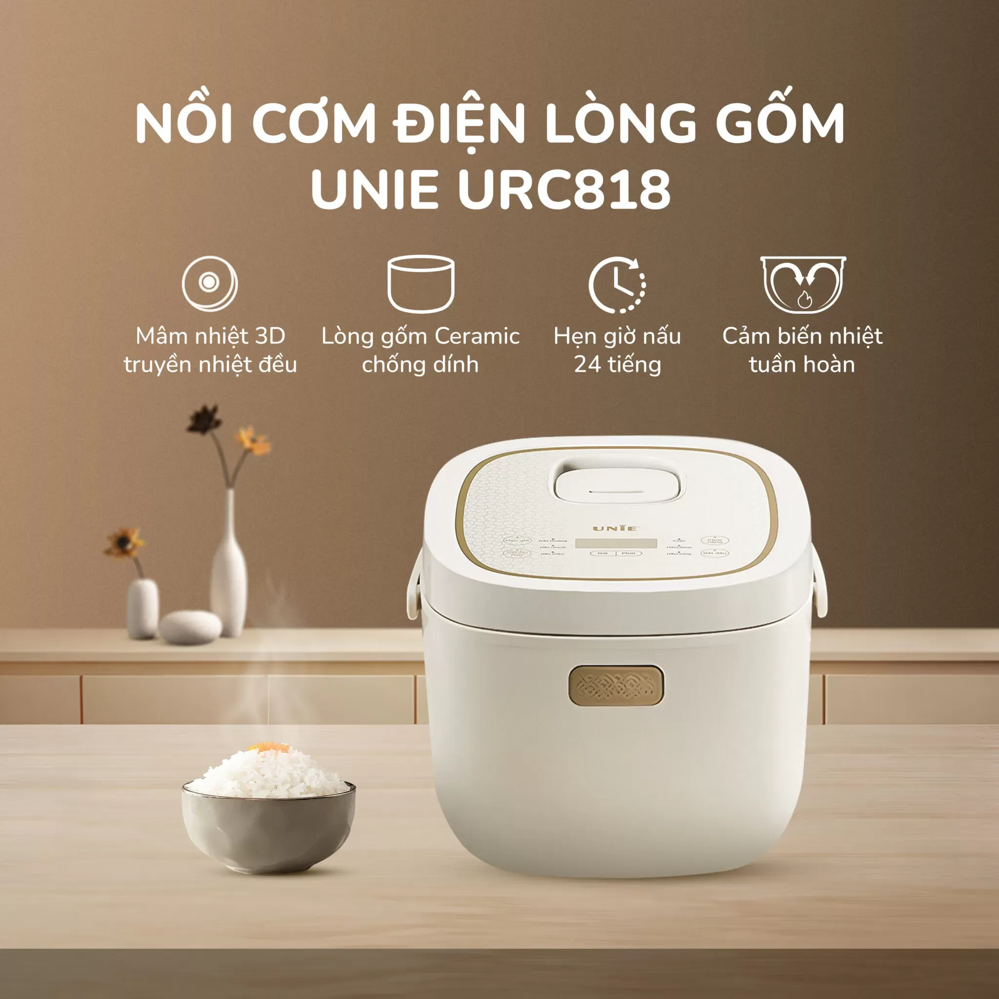 Nồi cơm điện lõi gốm Unie URC818 thiết kế sang trọng