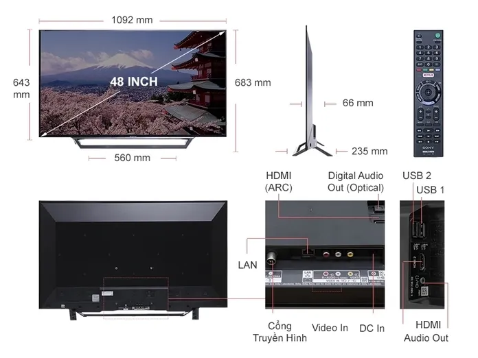 Internet Tivi Sony 48 inch KDL-48W650D thiết kế tinh tế
