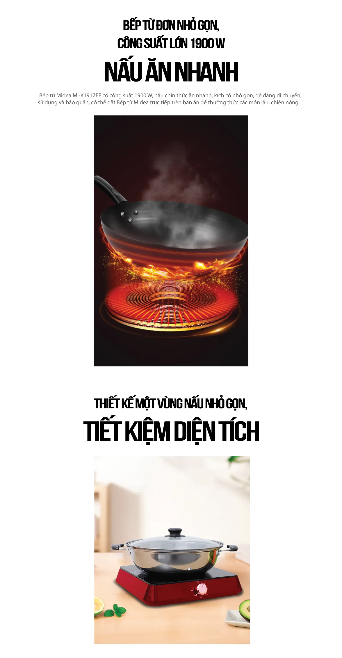 Bếp từ Midea MI-K1917EF với thiết kế nhỏ gọn, hiện đại phù hợp mọi không gian bếp