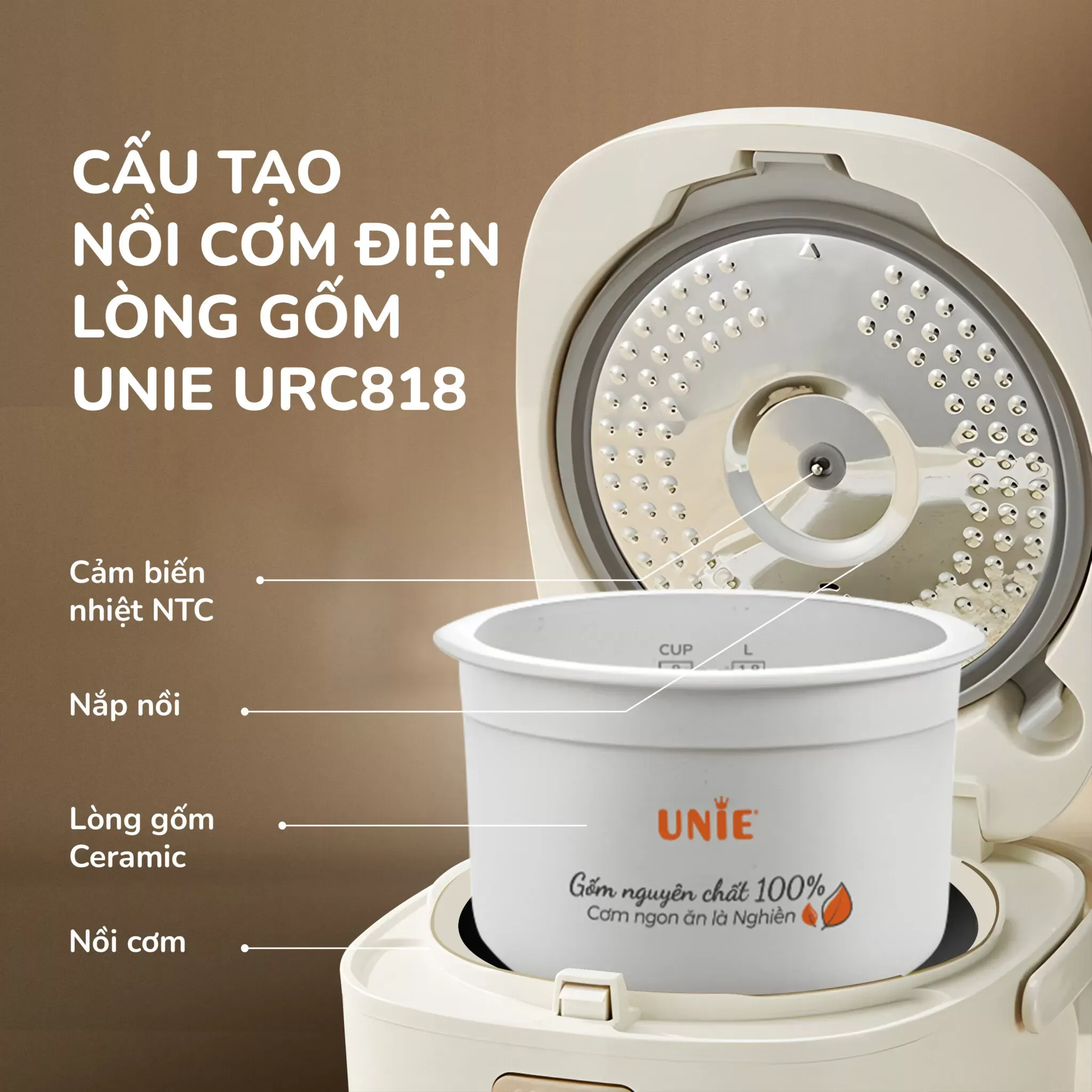 Cấu tạo chi tiết nồi cơm điện Unie URC818