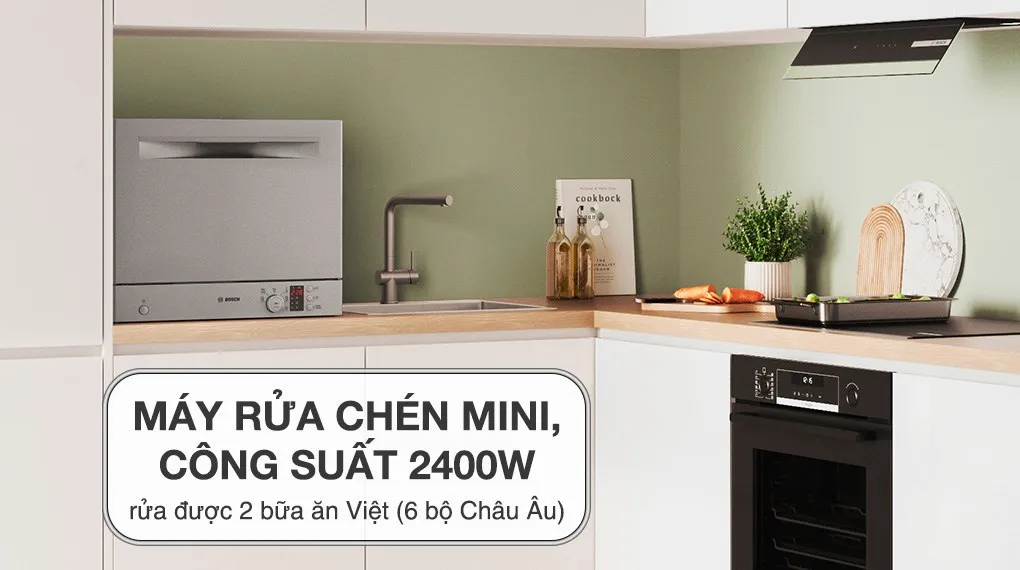 Máy rửa chén mini Bosch SKS62E38EU có kích thước nhỏ gọn, dễ bố trí và lắp đặt trong không gian bếp