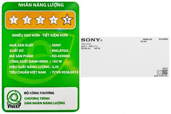 Quan sát nhãn dán năng lượng giúp nhận biết công suất tivi Sony 43 inch