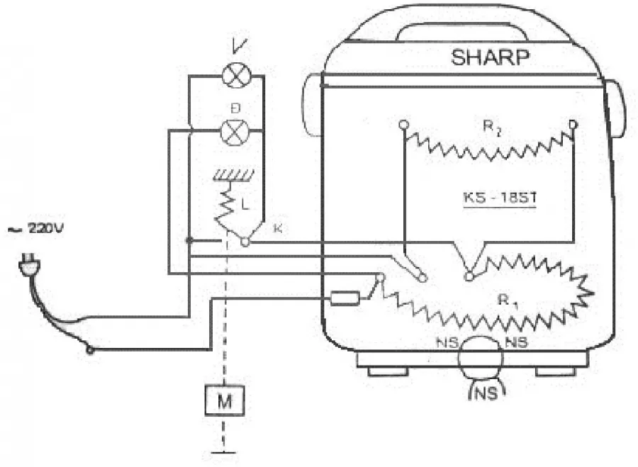 Sơ đồ mạch điện nồi cơm Sharp KS-18ST với điện trở R1, R2, nam châm NS và đèn báo