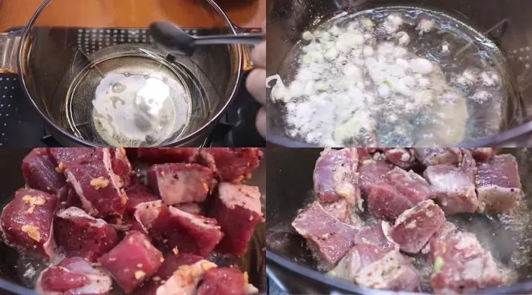 Thịt bò đang được xào sơ với cà chua trên chảo, màu nâu vàng hấp dẫn