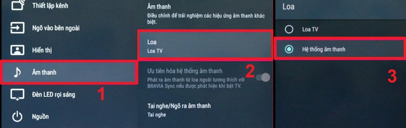 Vào thiết lập trên tivi để cấu hình âm thanh