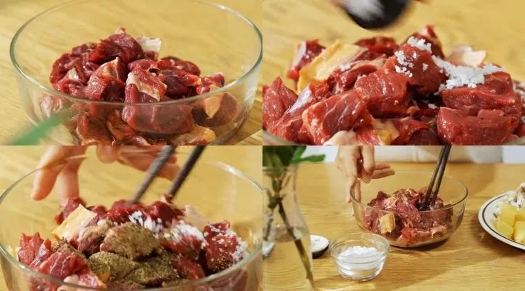 Thịt bò sau khi ướp với rượu vang và gia vị, màu nâu đỏ đặc trưng