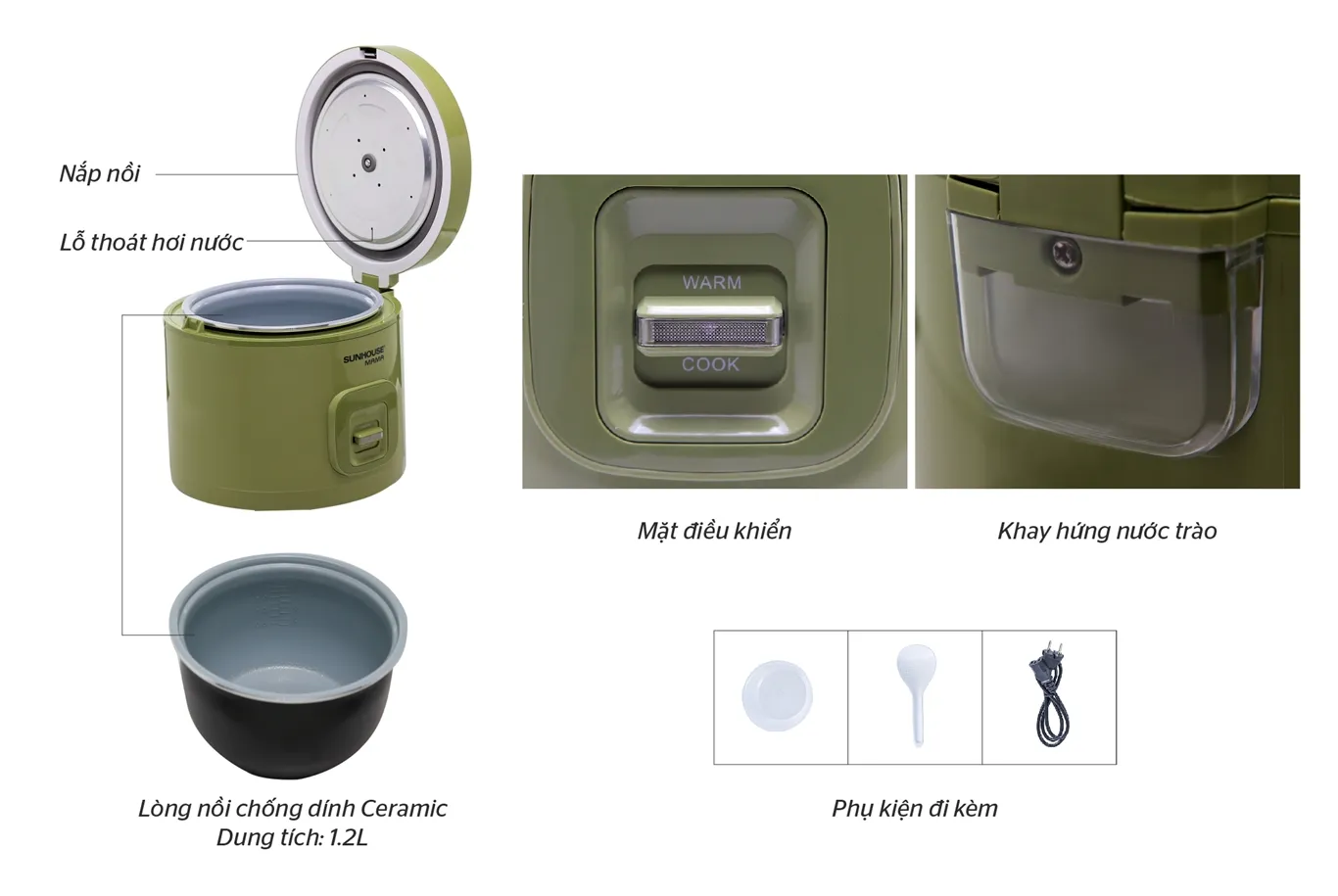 Nồi cơm điện Sunhouse Mama SHD8265G màu xanh cốm hiện đại, thiết kế tinh tế cho gian bếp