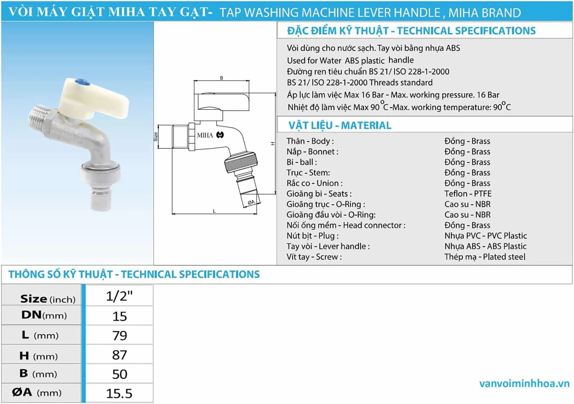 Cấu tạo chi tiết vòi cấp nước máy giặt MIHA phi 21 DN15 với các bộ phận thân đồng, bi gang, trục đồng và tay gạt ABS