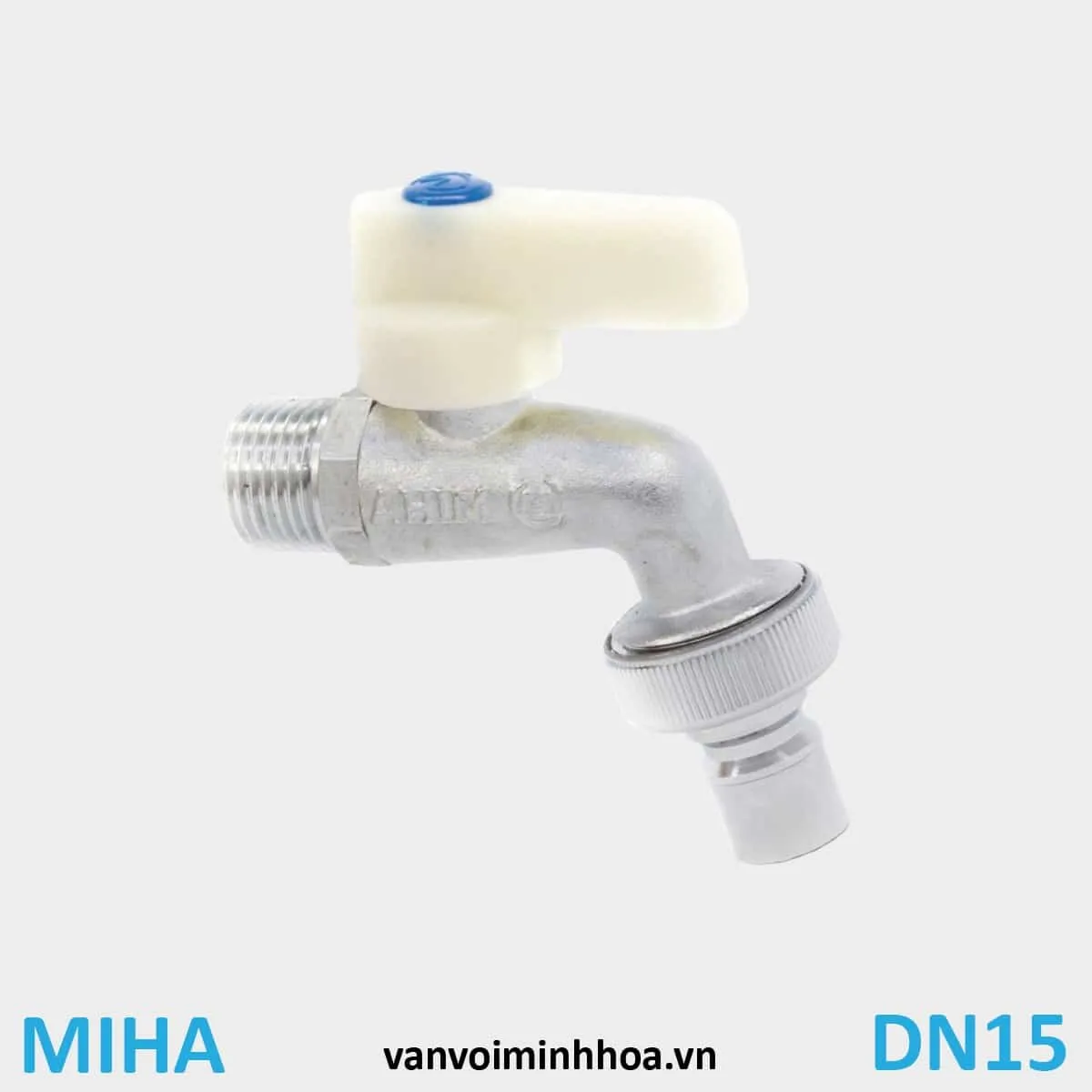 Vòi cấp nước máy giặt MIHA phi 21 DN15 với thân đồng màu vàng và tay gạt nhựa ABS trắng