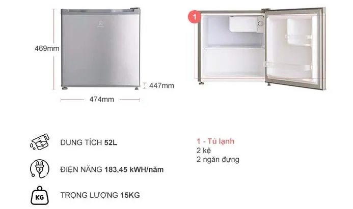 Cận cảnh thiết kế sang trọng của tủ lạnh Electrolux 52 lít EUM0500SB năm 2026