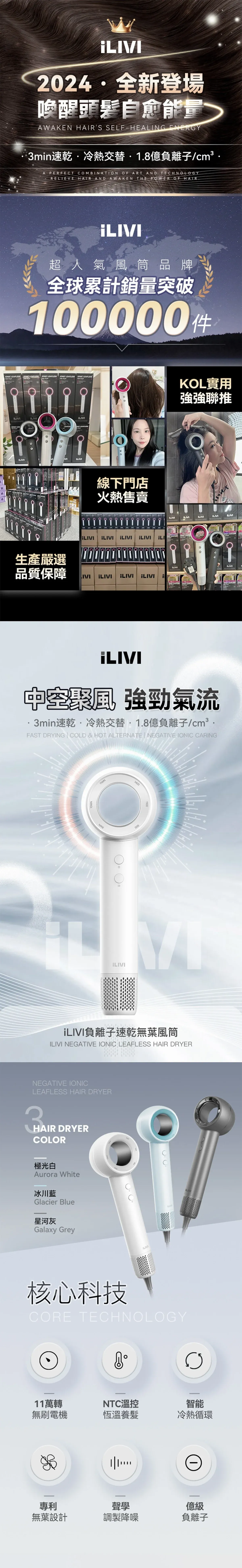 Máy sấy tóc không cánh iLIVI V10 màu xanh băng với thiết kế hiện đại