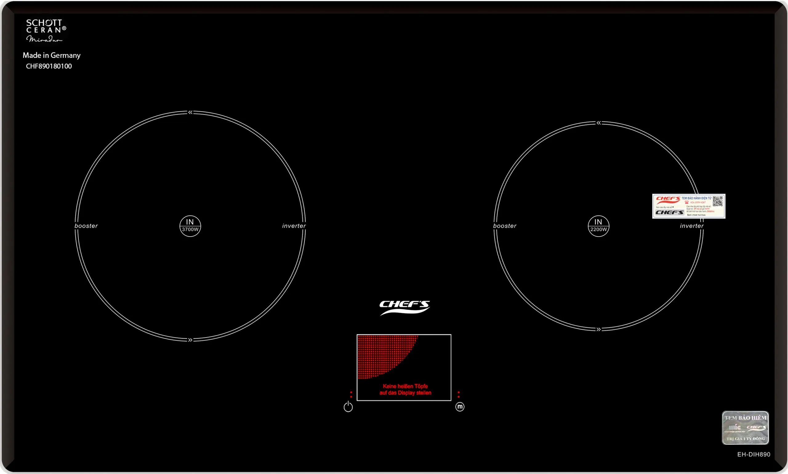 Cận cảnh mặt kính Schott Ceran và giao diện màn hình LCD của bếp từ Chefs EH-DIH890 thật