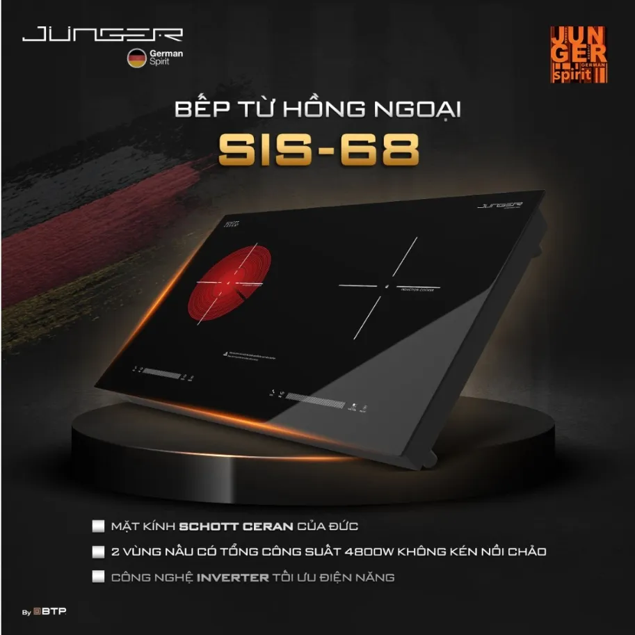Bếp từ hồng ngoại Junger SIS-68 có thân bếp đúc nguyên khối chắc chắn, linh kiện IGBT của Đức, 2 vùng nấu tiện lợi cho phép bạn nấu được cùng lúc nhiều món, rút ngắn thời gian nấu tối đa