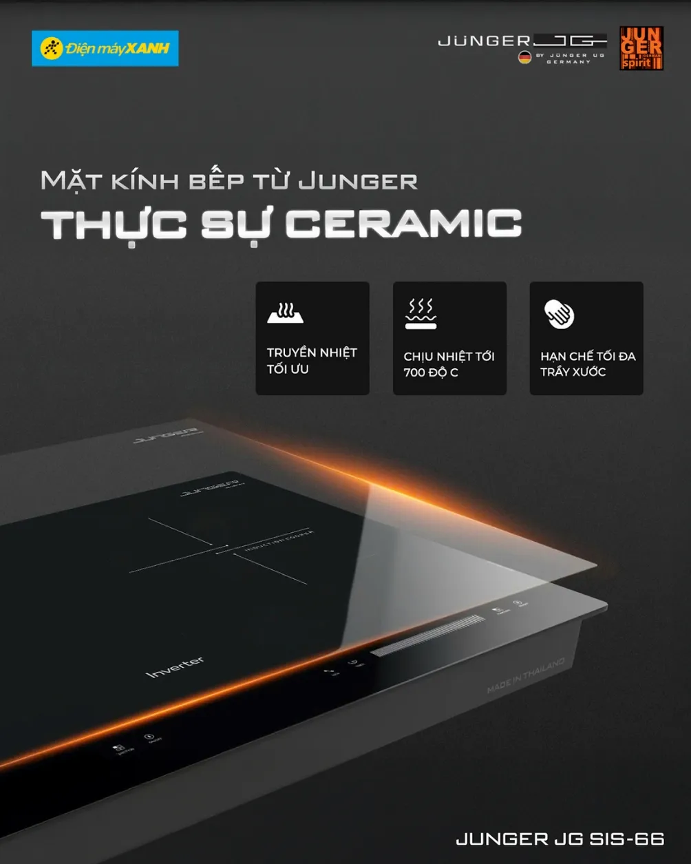 Mặt bếp Junger JG SIS-66 phủ kính Ceramic cường lực