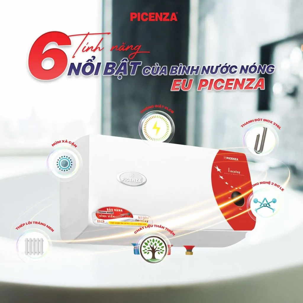 Bình nóng lạnh 15 lít Picenza N15EU bảo hành thanh đốt vĩnh viễn