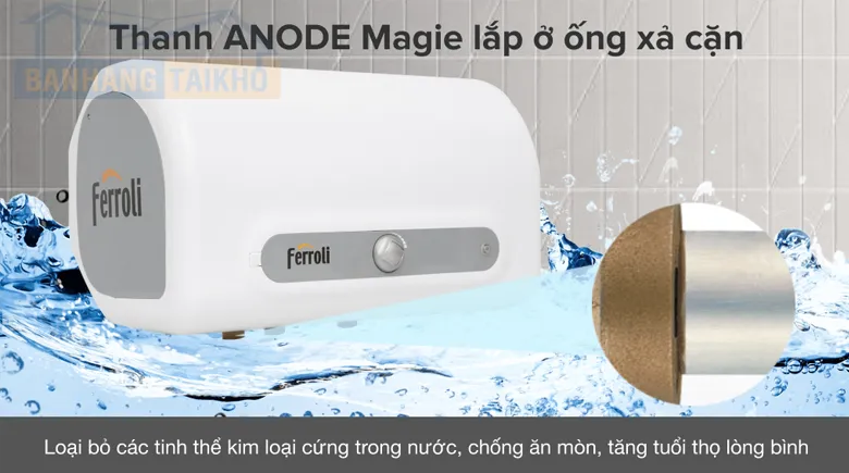 Cấu tạo lòng bình Ferroli với thanh Anode Magie và lớp men Titan