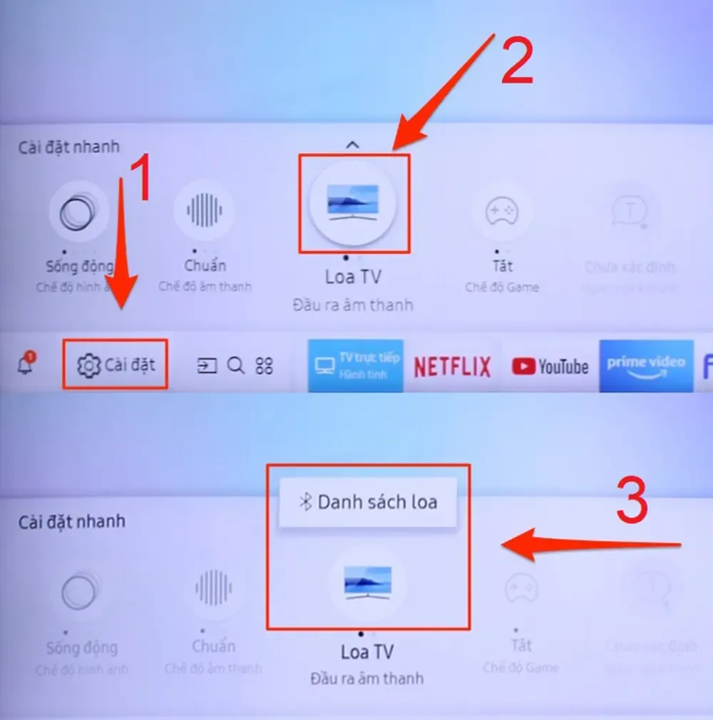 Vào cài đặt âm thanh trên tivi Samsung và chọn Danh sách loa