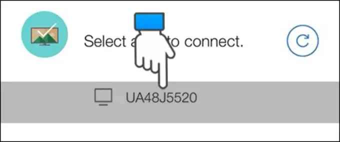 Giao diện lựa chọn tên tivi Samsung để bắt đầu quá trình đồng bộ hóa