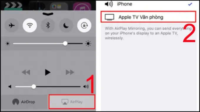 Lựa chọn thiết bị Apple TV trên iPhone thông qua Trung tâm điều khiển