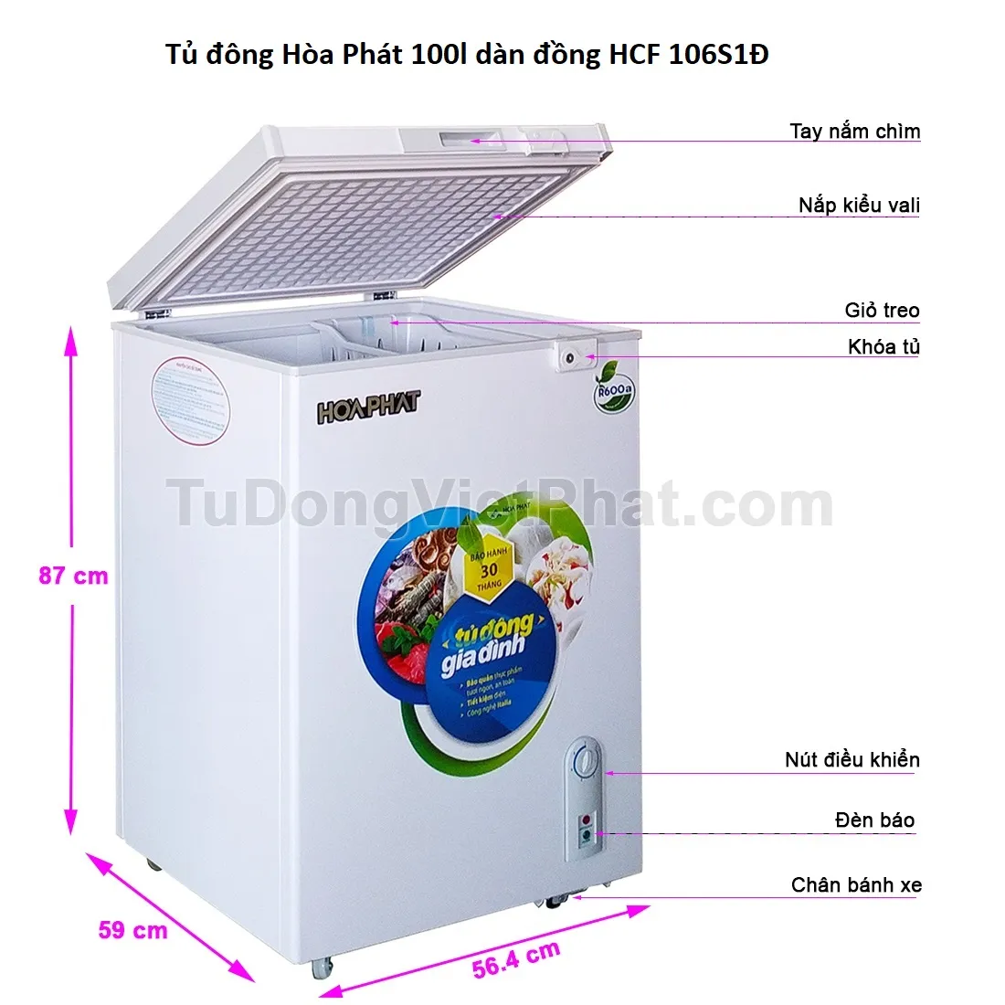 Cấu tạo chi tiết và kích thước tủ đông Hòa Phát 100l dàn đồng HCF 106S1Đ
