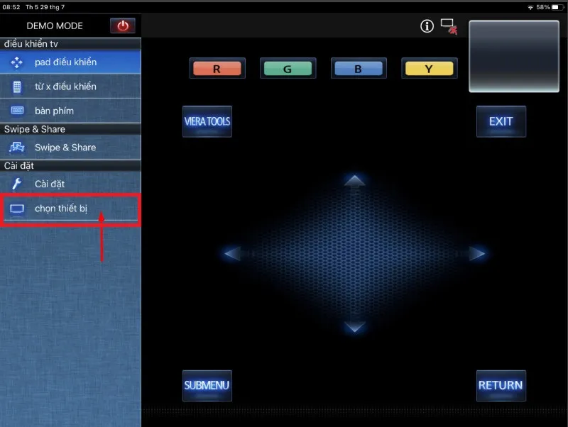 Chọn mục Chọn Thiết bị (Device Selection) > Chọn vào tivi mà bạn muốn kết nối.