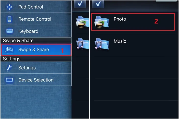 Chọn mục Swipe & Share > Chọn Ảnh chụp