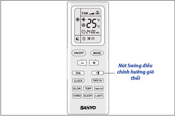 Điều chỉnh hướng gió bằng nút Swing trên điều khiển Sanyo