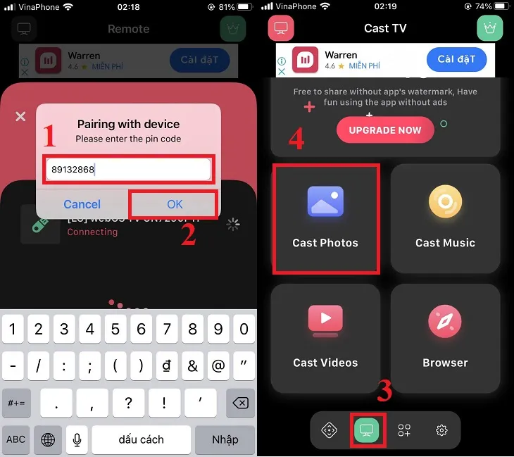 Nhập mã xác thực hiển thị trên tivi vào iPhone để hoàn tất cách kết nối iphone với tivi lg