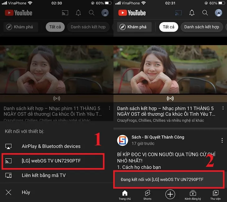 Chọn thiết bị tivi LG đích để bắt đầu quá trình phát video từ YouTube trên iPhone lên tivi