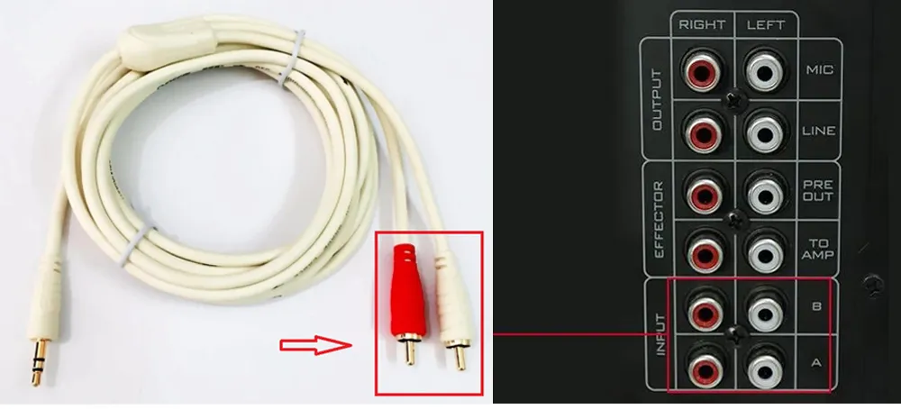 Kết nối đầu dây hoa sen RCA vào cổng đầu vào âm nhạc phía sau Amply