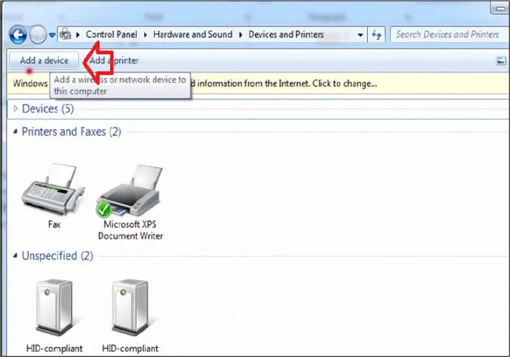 Thao tác thêm thiết bị thủ công bằng tính năng Add a device trên Windows 7