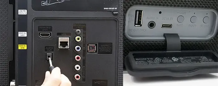 Kết nối loa bluetooth với tivi bằng dây sử dụng cổng Audio Out trên tivi và Audio In trên loa