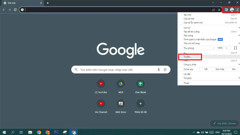 Chọn tính năng Truyền (Cast) trong trình duyệt Chrome