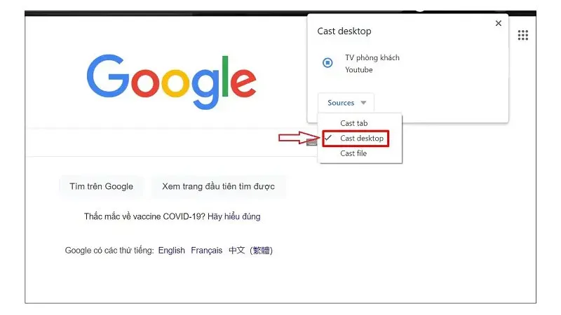 Chọn Cast desktop để trình chiếu toàn bộ màn hình máy tính