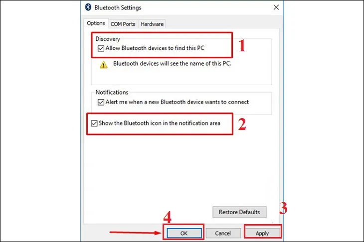 Cấu hình Allow Bluetooth devices to find this PC trong menu cài đặt