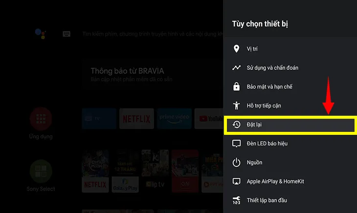 Truy cập Cài đặt > Tùy chọn thiết bị > Đặt lại
