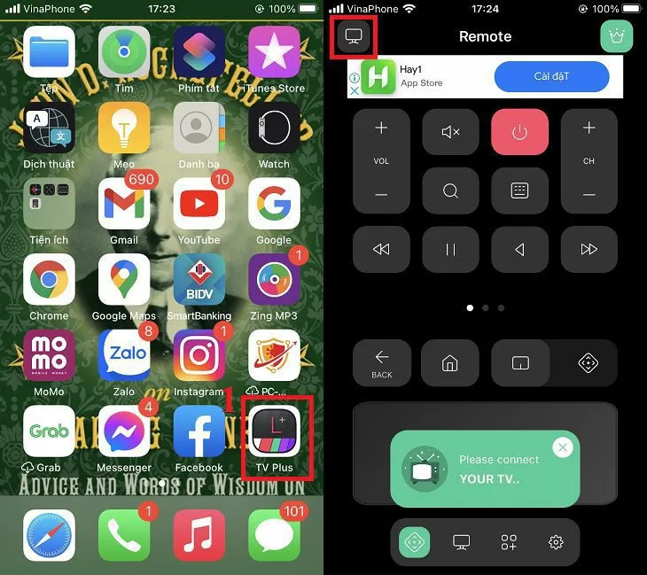 Mở ứng dụng điều khiển tivi trên điện thoại để bắt đầu quá trình ghép nối từ xa