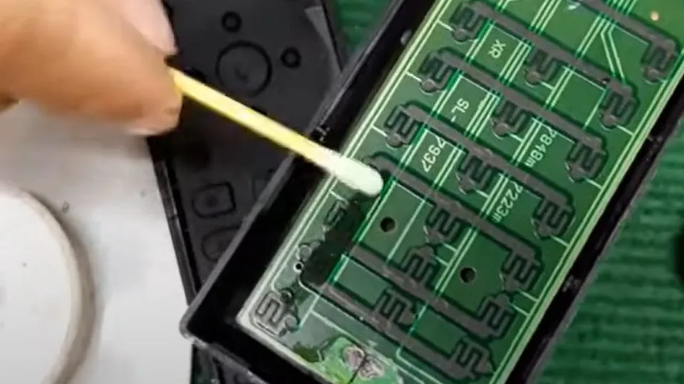 Bước 5: Dùng bông tăm nhẹ nhàng để chùi sạch bụi bẩn trên bảng mạch của điều khiển tivi.