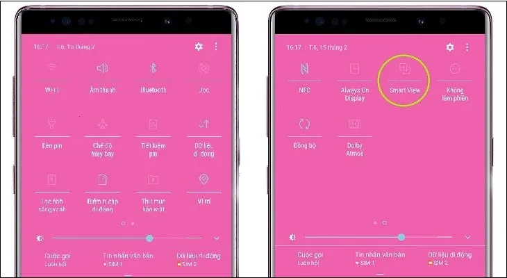 Vuốt màn hình điện thoại từ trên xuống để hiện thanh cài đặt nhanh > Vuốt sang trái > Chọn tính năng Smart View.
