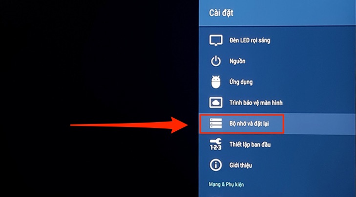 Menu Bộ nhớ và đặt lại trên tivi Sony