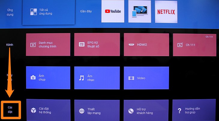 Menu Thiết lập trên tivi Sony