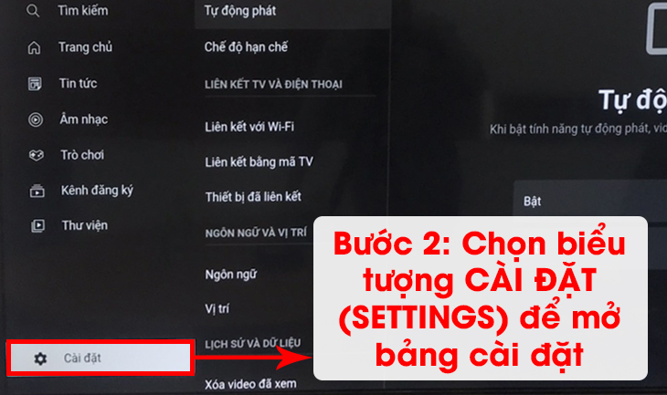 Menu cài đặt ứng dụng YouTube trên tivi Sony