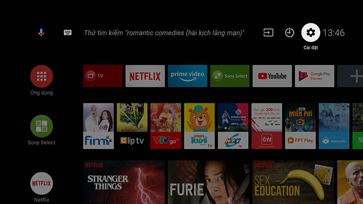 Menu Cài đặt trên tivi Sony Android