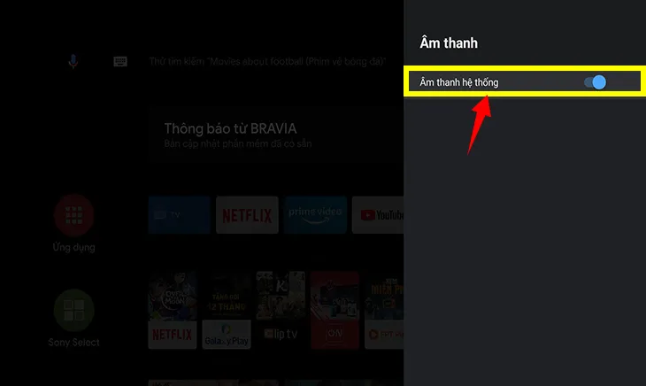 Màn hình hiển thị tùy chọn bật hoặc tắt âm thanh hệ thống trên tivi Sony