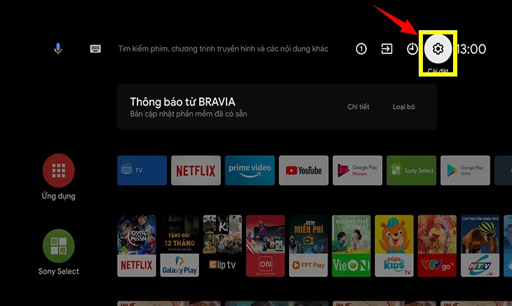 Menu cài đặt trên tivi Sony cho phép người dùng tùy chỉnh các thông số kỹ thuật