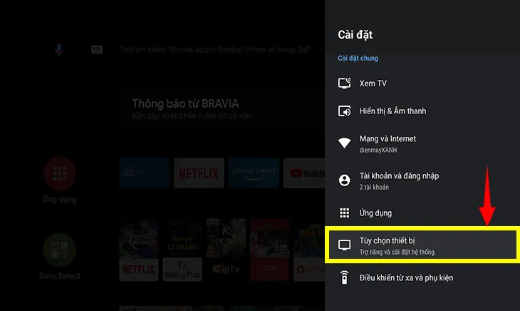 Thao tác chọn mục Tùy chọn thiết bị để tiến sâu vào các cài đặt âm thanh