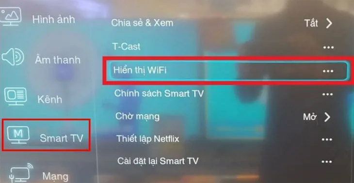 Truy cập mục Hiển thị WiFi trong phần Smart TV của hệ điều hành