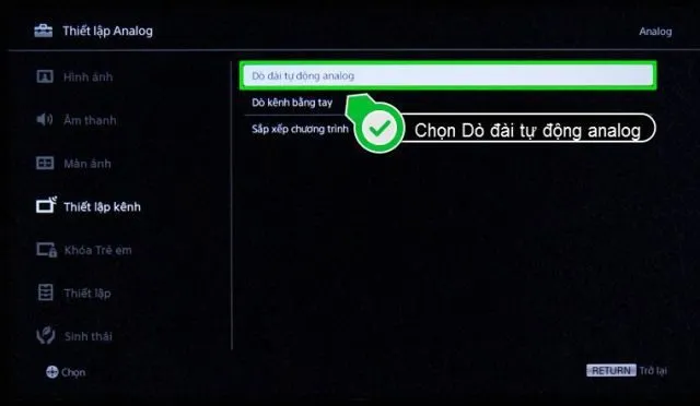 Thông báo bắt đầu quét kênh tự động trong hướng dẫn cách dò kênh tivi sony đời cũ